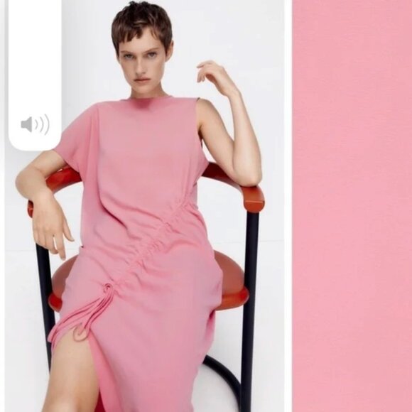 NWT Zara Pink Draped Asymmetrical Ruched Midi Dress Size S Boho Lagenlook NEW - Picture 4 of 14